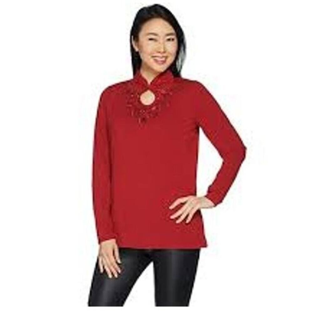 Belle by Kim Gravel Red TripleLuxe Embellished Keyhole Top Size XXS ,Long Sleeve